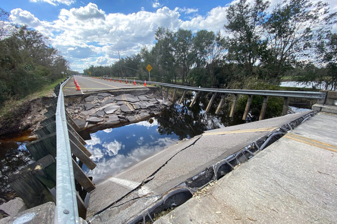 A collapsed bridge, washed out by Hurricane Ian, in Hardee County, Florida.