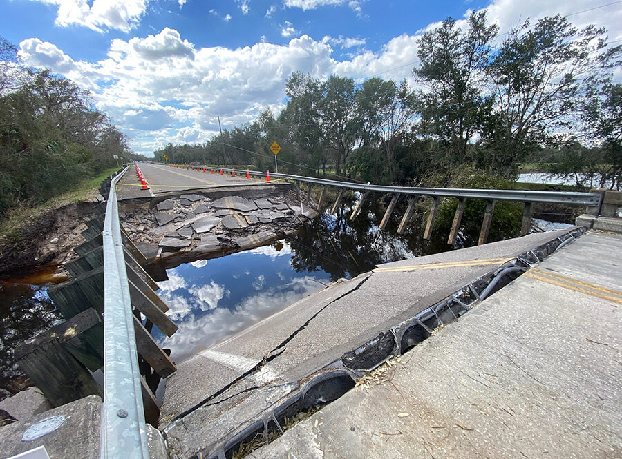 A collapsed bridge, washed out by Hurricane Ian, in Hardee County, Florida.