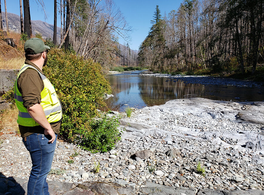 Marion County parks planner Tom Kissinger is shown next to a swimming pool in the Little North Santiam above Salmon Falls. Before the 2020 wildfires, he said, few people knew the pool was there. 