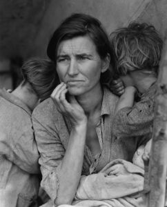 Perhaps one of Lange’s most iconic  photographs, a mother of seven children, Nipomo, California in 1936.  Library of Congress, Prints & Photographs Division, FSA/OWI Collection, LC-USF347-009058-C