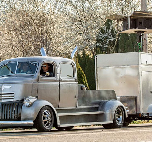 Russ Strohmeyer’s 1941 Chevy COE truck and DJ trailer at one of the recent Porch Parades. Submitted photo