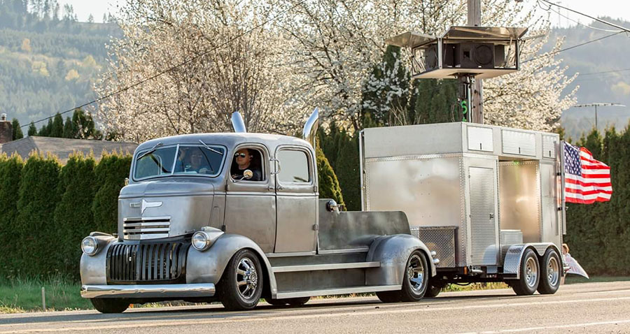 Russ Strohmeyer’s 1941 Chevy COE truck and DJ trailer at one of the recent Porch Parades. Submitted photo