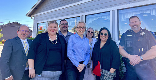 Oregon Governor Tina Kotek, center, outside Neufeldt’s restaurant in Aumsville after a breakfast meeting with, from left, Aumsville City Administrator Ron Harding, Beth Wytoski of Kotek’s staff, Councilors Nico Casarez and Della Seney, Mayor Angelica Ceja and Police Chief Damian Flowers. They discussed the challenges of replacing the city’s water treatment plant. SUBMITTED PHOTO