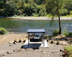 The cabin’s inviting swing overlooking the North Santiam River.