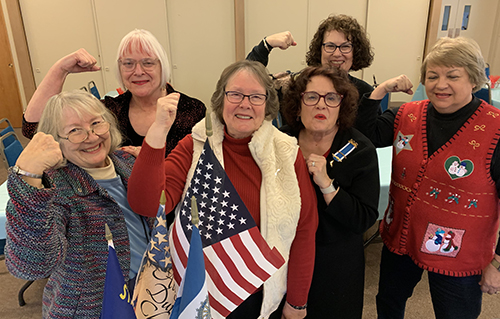 Exhibiting their “We Can Do It” club spirit are DAR mambers Diana Maul, front left, Linda Banister, Lynn Jarvis, Joy Linn and back, Jeanne Barnes and Linda Hagel. Submitted photo