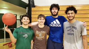 Chemeketa College basketball players, from left, Jace Aguilar, Kellen Sande, Dominic Ball and Ty Best after a workout on Feb. 13.  in Salem. James Day