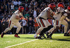 Former Regis High athlete Tyler Voltin (79) rumbles toward the end zone while scoring on a two-point conversion for Oregon State in its Sun Bowl loss to Notre Dame in December.  Oregon State University