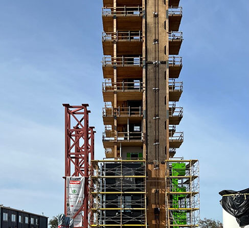 The tall wood tower used for seismic testing on all-wood structures at the National Hazards Engineering Research Infrastructure complex. NHERI TallWood Project