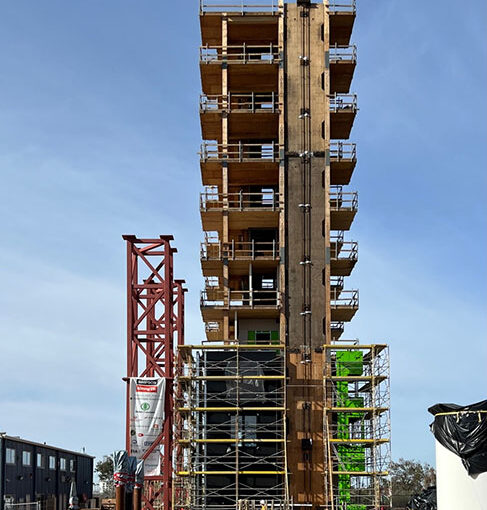 The tall wood tower used for seismic testing on all-wood structures at the National Hazards Engineering Research Infrastructure complex. NHERI TallWood Project