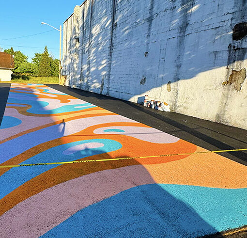 A new walkway mural has been painted at the site of the Stayton Farmers Market as part of efforts by Revitalize Downtown Stayton to freshen up and enliven the space. JULIE BOCHSLER