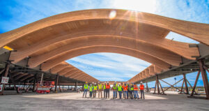 The remodeled terminal at Portland International Airport. The curving wooden roof panels were built by Freres Engineered Wood.   Courtesy Mike Brewington