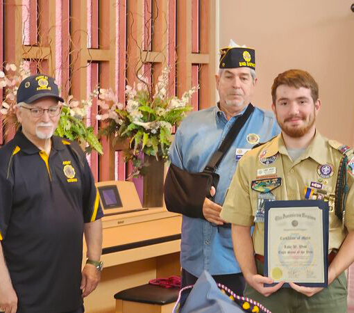 Luke West receives his Eagle Scout of the Year award from American Legion representatives Mike Snook, left, and Roger Holderby. Submitted Photo