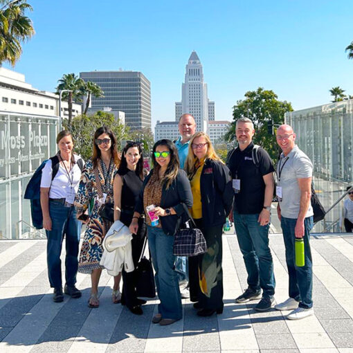 Melissa Baurer, far left, of Santiam Hospital & Clinics is shown with a team of officials that met in Los Angeles in late February to discuss the challenge of megafires. The iconic L.A. City Hall is in the background. Courtesy Melissa Baurer
