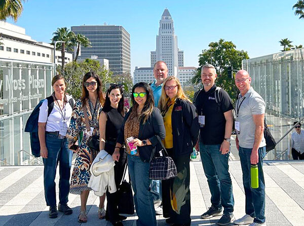 Melissa Baurer, far left, of Santiam Hospital & Clinics is shown with a team of officials that met in Los Angeles in late February to discuss the challenge of megafires. The iconic L.A. City Hall is in the background. Courtesy Melissa Baurer