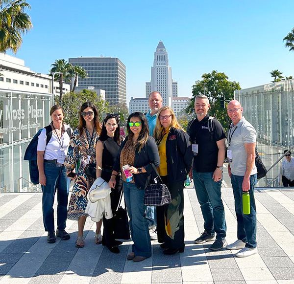 Melissa Baurer, far left, of Santiam Hospital & Clinics is shown with a team of officials that met in Los Angeles in late February to discuss the challenge of megafires. The iconic L.A. City Hall is in the background. Courtesy Melissa Baurer