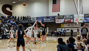 Stayton’s Breeci Hampton lets fly with a three-pointer during the Class 4A state championship game in Forest Grove. Hampton transferred from Cascade to Stayton and helped lead the Eagles to their first hoops state title since 2007.   Dodi Holm, Rustic Pear Photography