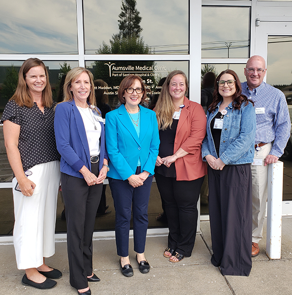 U.S. Rep. Andrea Salinas, third from left, at Santiam Hospital’s Aumsville Medical Clinic. Joining her were hospital officials , from left, Melissa Baurer, executive director of community development; Maggie Hudson, CEO and president; Cassondra Posvar, executive director of revenue & reimbursement; Abbie Proctor, primary care operations manager; and Eric Pritchard, executive director of the hospital foundation. James Day
